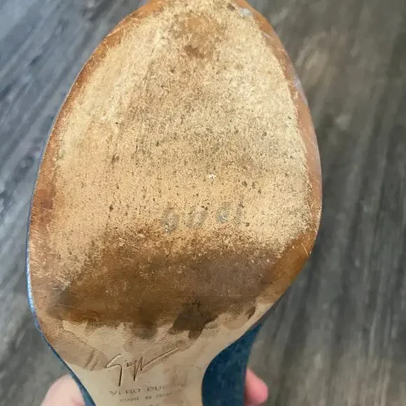 Giuseppe Zandotti Women's Size 9.5 Blue Denim & Silver Koka Peep Toe High Heels - Picture 9 of 14